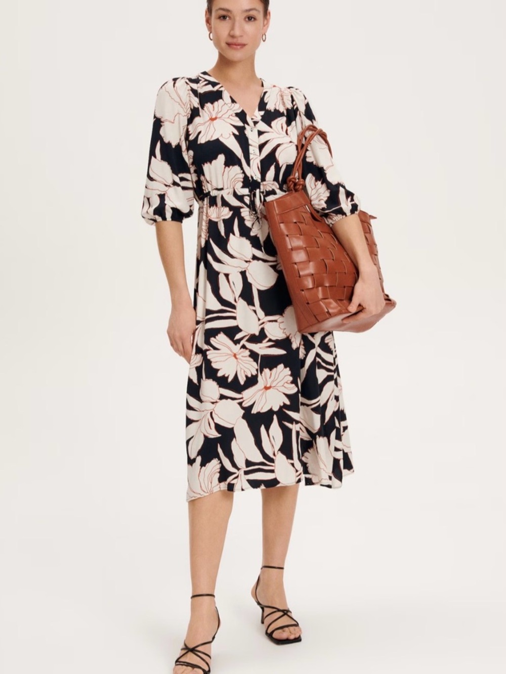 Reserved Navy and Cream Floral Midi Dress with Tie Waist